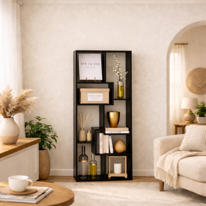 5-Tier Asymmetrical Display Shelf Modern Black Bookcase Organizer