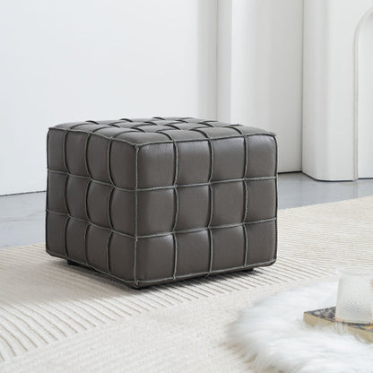 17.32 Inch Grey Genuine Leather Tufted Ottoman, Multi-Purpose Square Footstool for Bedroom & Living Room