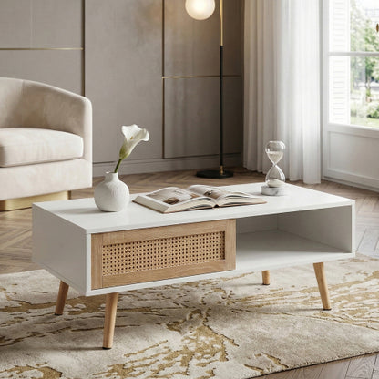 Rattan Coffee Table Sliding Door Storage Wood Leg White Modern Living Room Table