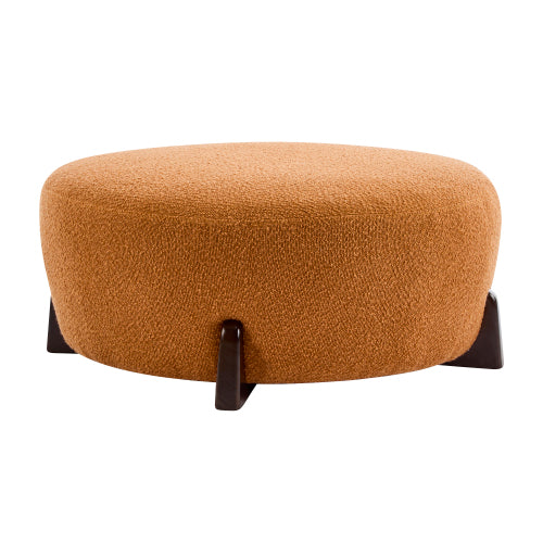 Round Boucle Ottoman, Pumpkin Orange Upholstered Footrest with Splayed Rubber Wood Legs, Multi-Scene Accent Stool