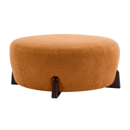 Round Boucle Ottoman, Pumpkin Orange Upholstered Footrest with Splayed Rubber Wood Legs, Multi-Scene Accent Stool