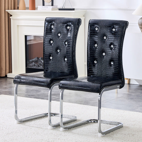 Set of 2 Retro Faux Alligator Skin Dining Chairs, PVC Leather Chairs with Crystal Buckle & Electroplated Metal Legs