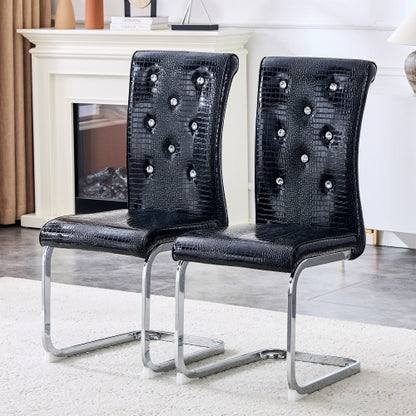 Set of 2 Retro Faux Alligator Skin Dining Chairs, PVC Leather Chairs with Crystal Buckle & Electroplated Metal Legs