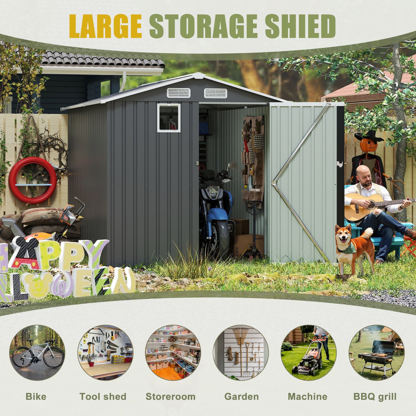 6x8FT Outdoor Steel Storage Shed with Clear Window, Lockable Doors, Compact Metal Tool Shed for Garden, Backyard, Patio, Utility, and Bike Storage,dark gray