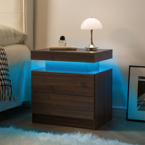 Walnut LED Nightstand with Adjustable Lights & Drawers