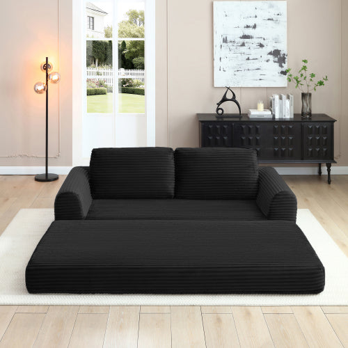 2-in-1 Folding Convertible Sofa Bed, Modern Corduroy Sleeper Couch with 2*pillows, Futon Modular Upholstered Boneless Sofa with Pull-Out Bed,Folding Floor Modular Couch for Living Room Black