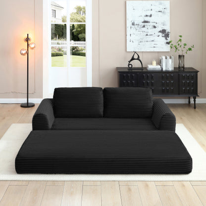 2-in-1 Folding Convertible Sofa Bed, Modern Corduroy Sleeper Couch with 2*pillows, Futon Modular Upholstered Boneless Sofa with Pull-Out Bed,Folding Floor Modular Couch for Living Room Black