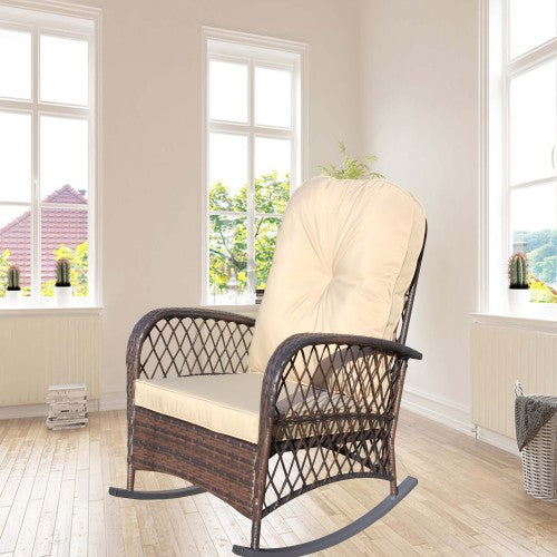 Outdoor Wicker Rocking Chair with Wide Seat, Thick, Soft Cushion, Rattan Rocker w/Steel Frame, High Weight Capacity for Patio, Garden, Backyard, Shallow brown Cushion