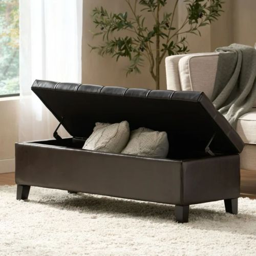 Dark Brown PU Storage Ottoman Bench, Tufted Upholstery with Rubber Wood Legs, 300 LBS Capacity, 51.18 inchL x17.52 inchW x18 inchH