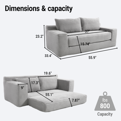 56-Inch Grey Corduroy Memory-Foam Compression Convertible Loveseat Sofa No-Assembly for Small-Space Apartment Home-Office