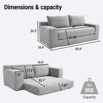 56-Inch Grey Corduroy Memory-Foam Compression Convertible Loveseat Sofa No-Assembly for Small-Space Apartment Home-Office