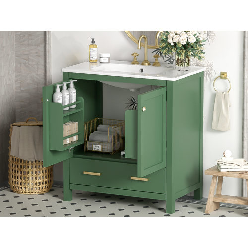 30 Inch Green Bathroom Vanity with Single Sink, Combination Under Counter Sink, Bathroom Storage Cabinet with 2 Doors and a Drawer, Soft Closure, Multifunctional Storage(WF324043)