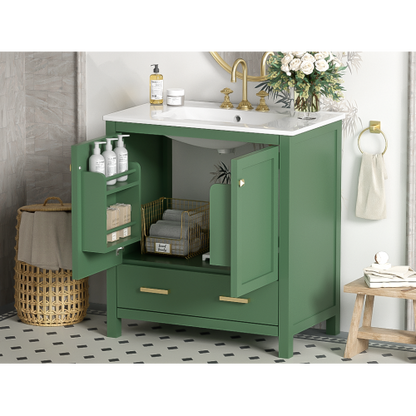 30 Inch Green Bathroom Vanity with Single Sink, Combination Under Counter Sink, Bathroom Storage Cabinet with 2 Doors and a Drawer, Soft Closure, Multifunctional Storage(WF324043)