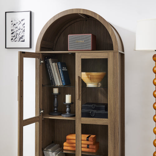 Brown High Arched LED Light Wooden Storage Cabinet Adjustable Glass Partition Modern Retro Home Multi-Functional Display Cabinet