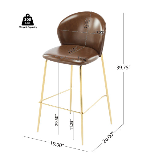 Indoor Upholstered Bar Stool, Dark Brown Faux Leather with Metal Frame, Set of 2