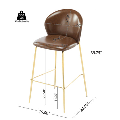 Indoor Upholstered Bar Stool, Dark Brown Faux Leather with Metal Frame, Set of 2