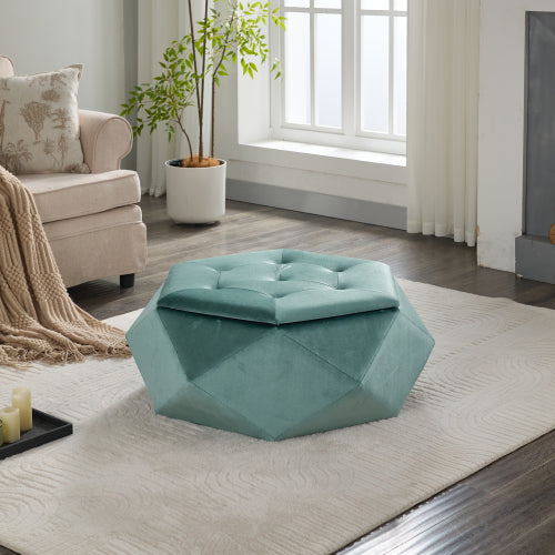 34 inch Green Polygon Velvet Storage Ottoman, Diamond Tufted Upholstered Footrest for Living Room & Bedroom Storage
