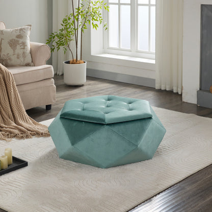 34 inch Green Polygon Velvet Storage Ottoman, Diamond Tufted Upholstered Footrest for Living Room & Bedroom Storage