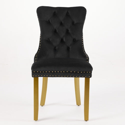 Set of 2 Black Velvet Mid-Century Dining Chairs, Lion Head Pull Ring Golden Solid Wood Legs 280lbs Capacity