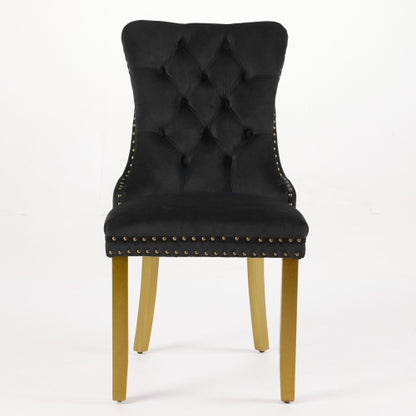 Set of 2 Black Velvet Mid-Century Dining Chairs, Lion Head Pull Ring Golden Solid Wood Legs 280lbs Capacity