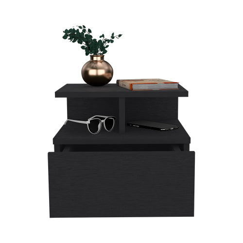 Black Wengue Floating Nightstand, Wall-Mounted Single Drawer & Top Shelf Storage Side Table