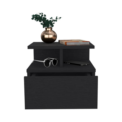 Black Wengue Floating Nightstand, Wall-Mounted Single Drawer & Top Shelf Storage Side Table