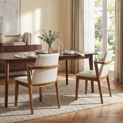Set of 2 Mid-Century Modern Dining Armchairs, Beige PU Upholstery with Walnut Rubber Wood Frame