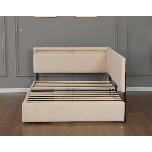 Twin Size Boucle Bed Frame, Upholstered Cloud Bed Frame with Headboard, with 2 Storage Drawers, LED light and USB Charging Design, Solid Wood Legs and Slats, No Box Spring Needed, Beige