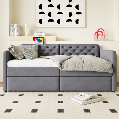 Twin Size Upholstered Daybed with 2 Storage Drawers and USB Charging Design, Velvet Upholstered Daybed Frame, Twin Sofa Bed for Living Room Bedroom, No Box Spring Needed,Plush Velvet Fabric
