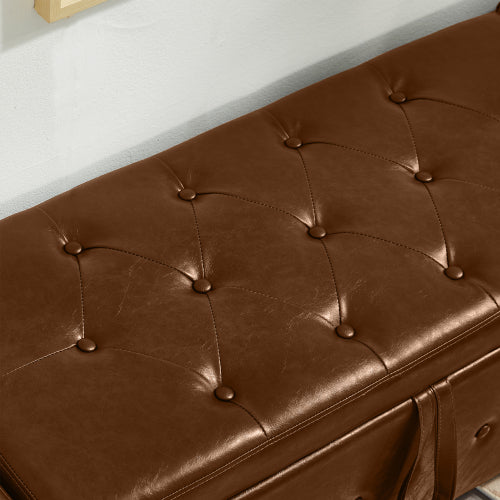 Brown Tufted PU Faux Leather 48 inch Storage Ottoman Bench, Entryway & Bedroom Shoe Bench