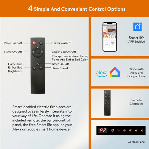 Smart 50" WiFi-Enabled Electric Fireplace Heater, Recessed in-Wall and Wall-Mounted
