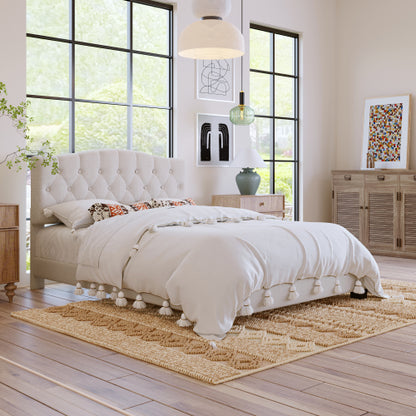Upholstered Platform Bed with Saddle Curved Adjustable Headboard and Diamond Tufted Details,Wooden Slats and Metal Support, No Box Spring Needed,Queen, Beige