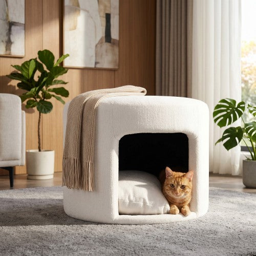 23.6 inch Round Beige Pet-Friendly Ottoman with Hidden Pet Nook, Acacia Legs, 220 LBS Weight Capacity
