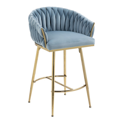 26inch  Counter height bar stools Set of 2 kitchen island counter bar stool with hand- wave back, golden chromed base and footrest(BLUE)