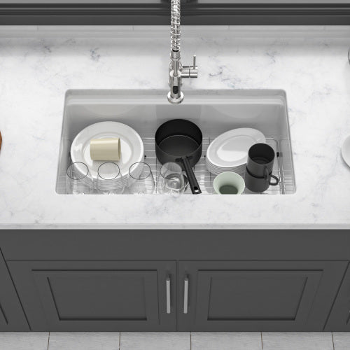 Undermount White Kitchen Sink Workstation - 33x19x10 inch White Porcelain Ceramic Single Bowl Dual Mount Kitchen Sink