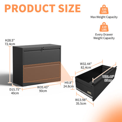 2 Drawer Metal File Cabinet with Lock for Letter Legal A4 Files Black