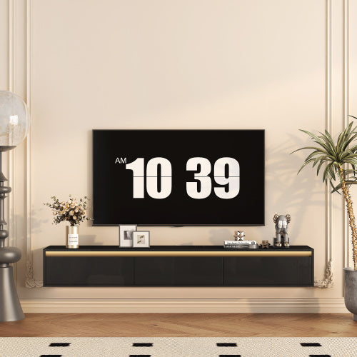 Black Wall Mount High Gloss Floating TV Cabinet with Touch LED Strip & Power Outlet