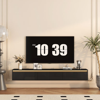 Black Wall Mount High Gloss Floating TV Cabinet with Touch LED Strip & Power Outlet