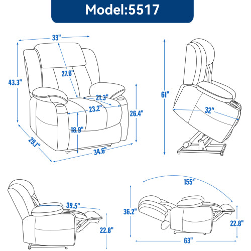 Up to 350 LBS Chenille Power Lift Recliner Chair, Heavy Duty Motion Mechanism with 8-Point Vibration Massage and Lumbar Heating, USB and Type-C Ports, Stainless Steel Cup Holders, Grey