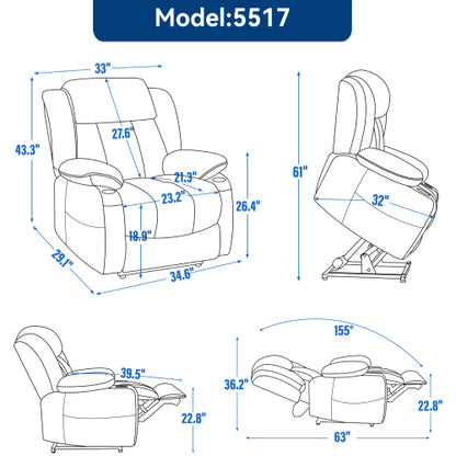 Up to 350 LBS Chenille Power Lift Recliner Chair, Heavy Duty Motion Mechanism with 8-Point Vibration Massage and Lumbar Heating, USB and Type-C Ports, Stainless Steel Cup Holders, Grey