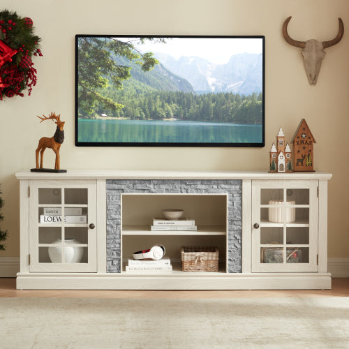 70 Inch White Faux Stone 2-Door TV Stand 4 Adjustable Shelves 6 Cable Holes Media Cabinet for 75 Inch TV