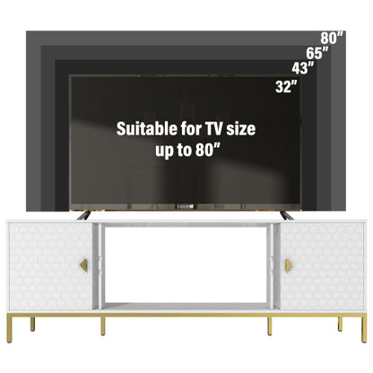 70 Inch White Honeycomb Embossed TV Stand with Golden Tapered Legs (Fireplace Space Reserved)