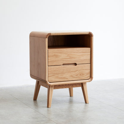 Solid Oak Nightstand, Nordic Style Open Compartment Bedside Table with Cable Hole & Rounded Edge