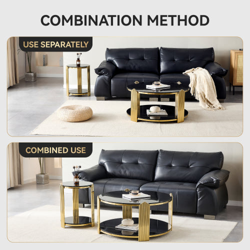 16.9inch  Double-Layer Black Tempered Glass & Gold Steel End Table