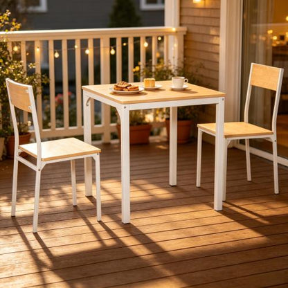 3-Piece White Modern Dining Set, Square MDF & Steel Table and 2 Chairs for Apartments