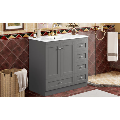 36 inch Shaker Style Free-Standing Bathroom Vanity Cabinet with Ceramic Sink, 4 Soft-close Drawers and 2 Soft-close doors