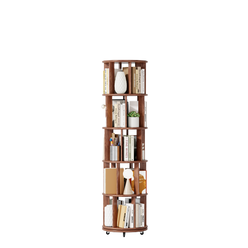 5-Tier Solid Wood Rotating Bookshelf with Wheels Walnut