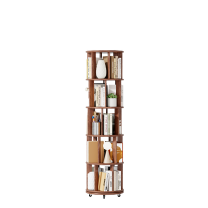 5-Tier Solid Wood Rotating Bookshelf with Wheels Walnut