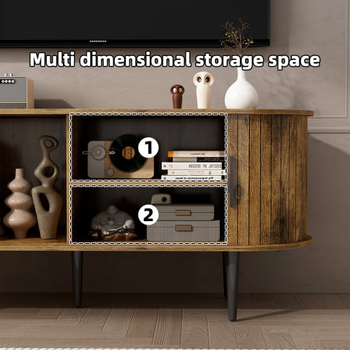 47 Inch Brown Mid-Century Fluted Sliding Door TV Console MDF Entertainment Center with Metal Legs