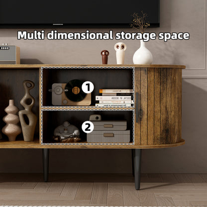 47 Inch Brown Mid-Century Fluted Sliding Door TV Console MDF Entertainment Center with Metal Legs